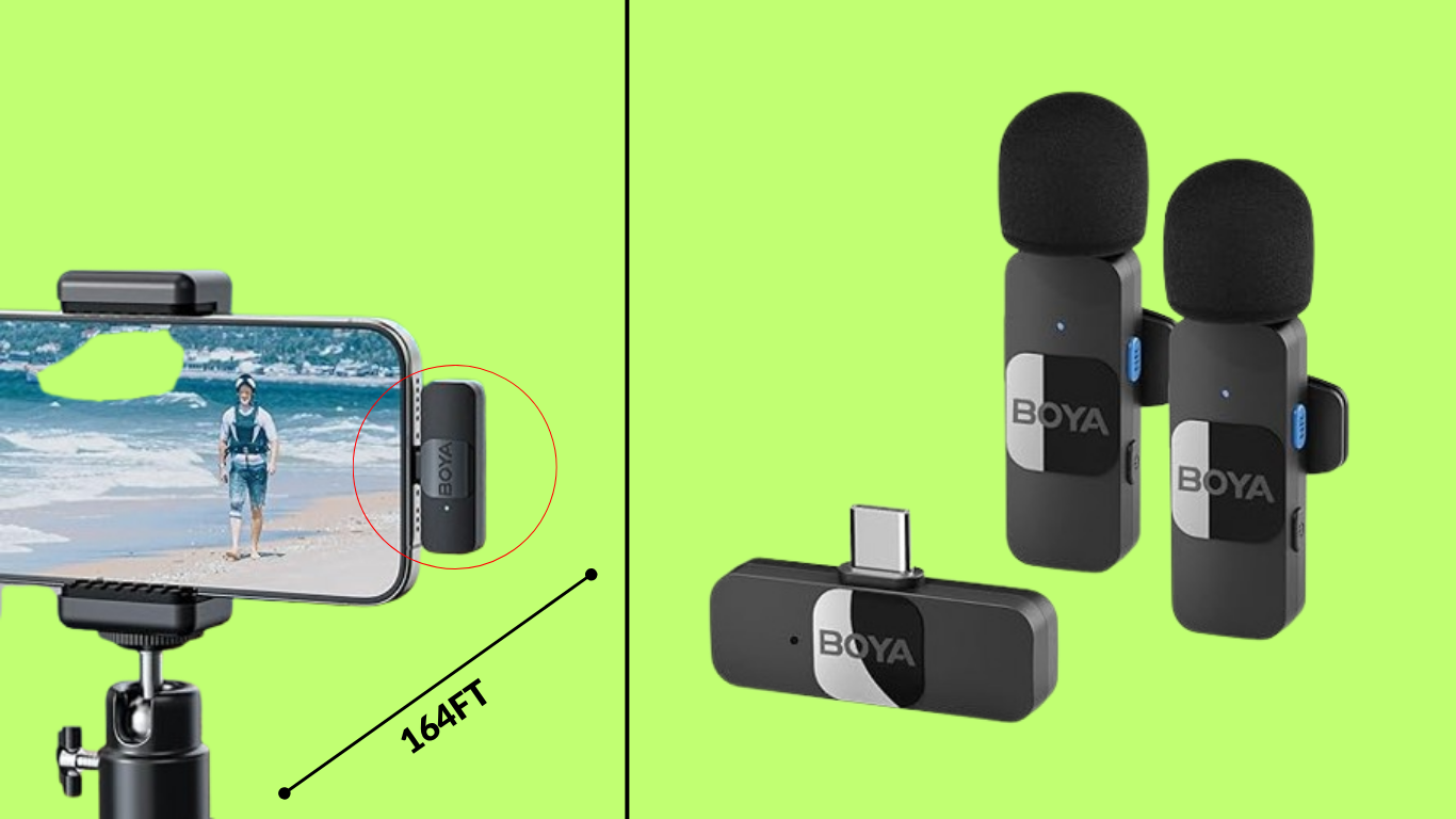 BOYA Wireless Lavalier Microphone clipped on shirt with mobile gimbal recording