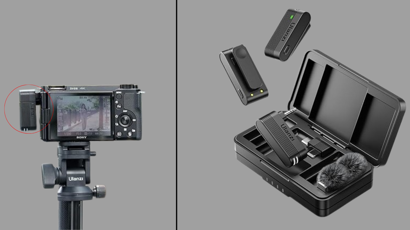 ULANZI A100 Wireless Lavalier Microphone with dual transmitters used for mobile gimbal vlogging